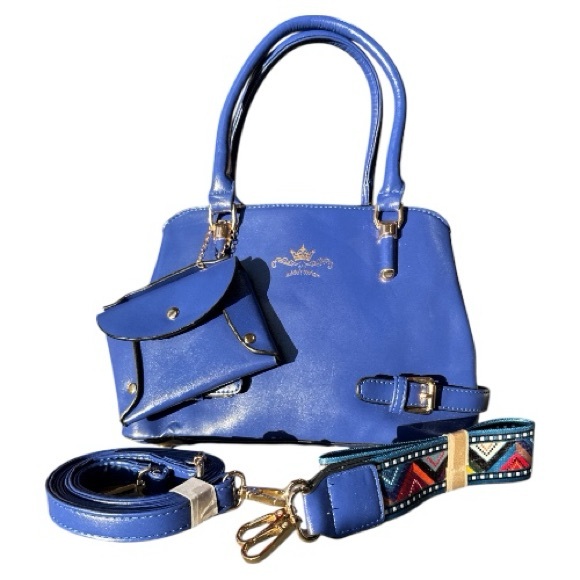 Habiba's Boutique Bag Attached Mini Bag & 2 Removable Straps Blue & Gold Accents - Picture 4 of 10